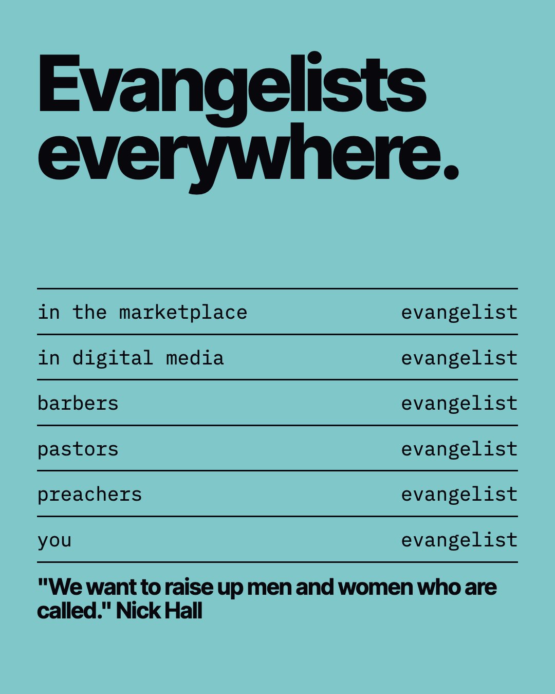Teal card listing marketplace, digital media, barbers, pastors, preachers and you, each labeled evangelist.
